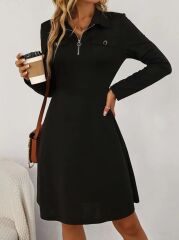 Kadın Uzun Kollu Yakalı Fermuarlı Ve Cepli Kısa Ithal Krep Kısa Elbise