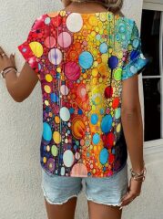 Kadın Kısa Kollu V Yakalı Desenli Süprem Bluz