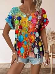 Kadın Kısa Kollu V Yakalı Desenli Süprem Bluz