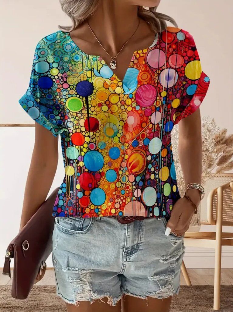 Kadın Kısa Kollu V Yakalı Desenli Süprem Bluz