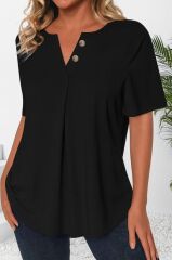 Kadın Kısa Kollu çentikli V Düğme Detaylı V Yaka önden Pileli Ithal Keten Bluz