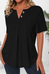 Kadın Kısa Kollu çentikli V Düğme Detaylı V Yaka önden Pileli Ithal Keten Bluz