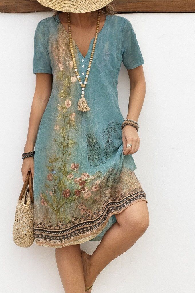 Kadın Kısa Kollu V Yakalı Desenli Süprem Elbise