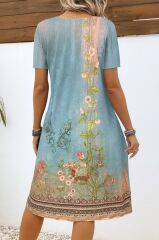 Kadın Kısa Kollu V Yakalı Desenli Süprem Elbise