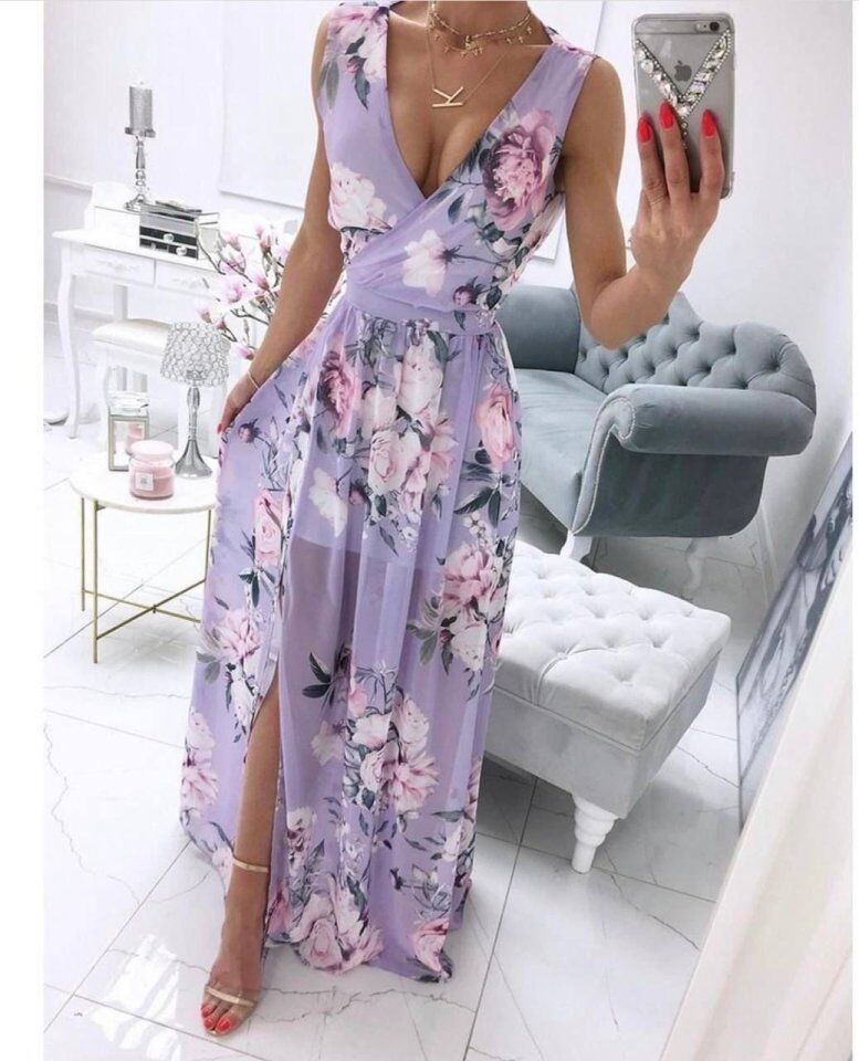 Kadın şifon Kumaş V Yaka Sıfır Kol Maxi Boy Elbise