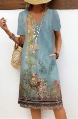 Kadın Kısa Kollu V Yakalı Desenli Süprem Elbise