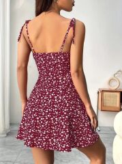 Kadın Askılı Büzgü Detaylı Kare Yaka çiçek Desenli Mini Süprem Elbise