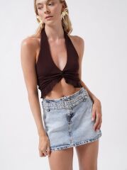 Kemer Detay Denim Mini Etek