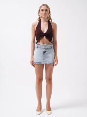 Kemer Detay Denim Mini Etek