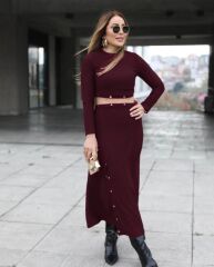 Kadın Uzun Kollu çıtçıtlı Viskon Krop Bluz Ve Yırtmaçlı Etek Istenildiğinde Elbise Olan Ikili Takım