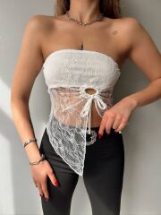 Kadın Göğüs Ve Sırt Dekolteli Transparan Dantel Detay Bluz