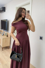 Asimetrik Düşük Yaka Kolsuz Uzun Elbise - Bordo