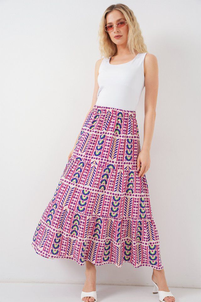 Desenli Uzun Etek 8053 - Fuşya