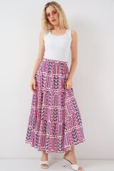 Desenli Uzun Etek 8053 - Fuşya