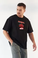 Unisex Bisiklet Yaka Baskılı Oversize T-Shirt - Siyah