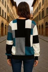 Kadın Uzun Kollu Bisiklet Yaka Renkli Blok Baskı Dalgıç Bluz