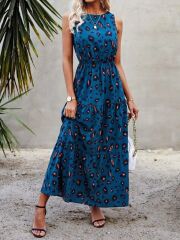 Kadın Kolsuz Bisiklet Yaka Beli Lastikli Desenli Süprem Elbise