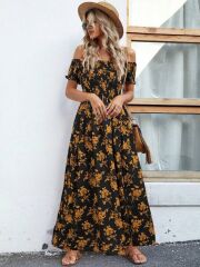 Kadın Kısa Kollu Madonna Yaka Yırtmaçlı çiçek Desenli Süprem Elbise