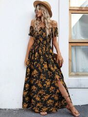 Kadın Kısa Kollu Madonna Yaka Yırtmaçlı çiçek Desenli Süprem Elbise