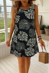 Kadın Sıfır Kollu Yuvarlak Yaka Desenli Süprem Elbise