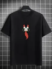 Unisex Bisiklet Yaka Baskılı Oversize T-Shirt - Siyah