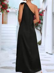 Kadın Tek Omuzdan Askılı Kurdela Detaylı Yırtmaçlı Uzun Janjan Krep Elbise