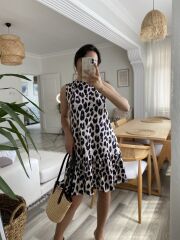 Kadın Kolsuz Sırttan Bağlamalı Fırfırlı Leopar Desenli Süprem Elbise