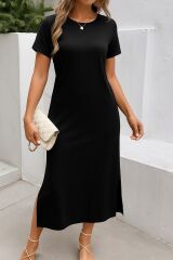 Kadın Kısa Kollu Bisiklet Yaka Yandan Yırtmaçlı Viskon Elbise