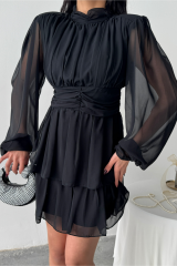 ŞİFON KATLI UZUN KOL ELBİSE - Siyah