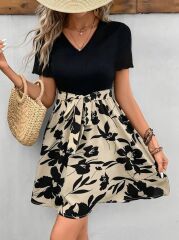 Kadın Kısa Kollu V Yakalı Belden Kuşaklı çiçek Desenli üst Viskon Alt Süprem Elbise