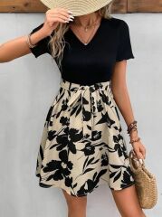 Kadın Kısa Kollu V Yakalı Belden Kuşaklı çiçek Desenli üst Viskon Alt Süprem Elbise