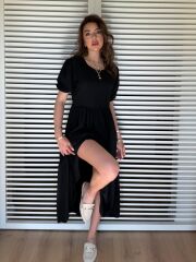 Kadın Kısa Kollu Yakası Açık Katlı Bürümcük Balon Elbise