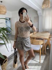 Kadın Askılı Yuvarlak Yaka Geometrik Desenli Triko Bluz