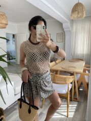 Kadın Askılı Yuvarlak Yaka Geometrik Desenli Triko Bluz