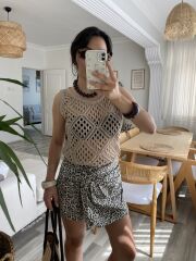 Kadın Askılı Yuvarlak Yaka Geometrik Desenli Triko Bluz