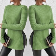 Kadın Uzun Kol Yandan Yırtmaç Detaylı Triko Bluz