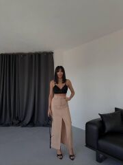 GABARDİN UZUN ÖNDEN YIRTMAÇLI ETEK - Kahverengi