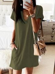 Kadın Kısa Kollu V Yakalı Cepli Kısa Viskon Elbise