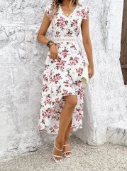 Kadın Kısa Kollu V Yakalı çiçek Desenli önü Kısa Arkası Uzun Süprem Elbise