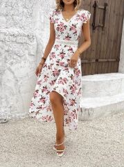 Kadın Kısa Kollu V Yakalı çiçek Desenli önü Kısa Arkası Uzun Süprem Elbise
