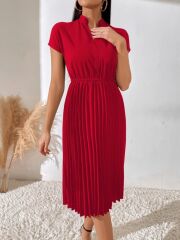 Kadın Kısa Kollu Hakim V Yakalı Pileli Janjan Krep Elbise