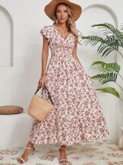 Kadın Kısa Kollu Kruvaze Yaka Beli Lastikli çiçek Desenli Elbise