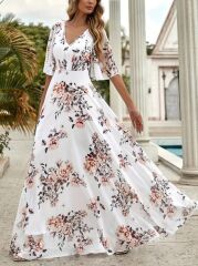 Kadın Kısa Kollu V Yakalı çiçek Desenli Süprem Elbise