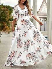 Kadın Kısa Kollu V Yakalı çiçek Desenli Süprem Elbise