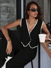 Kadın Kolsuz V Yakalı Düğmeli Ithal Krep Yelek Ve Pantolon Ikili Takım