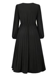 Kadın Uzun Kollu Kruvaze Yaka Belinde Toka Detaylı Pileli Uzun Ithal Krep Elbise