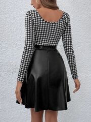 Kadın Uzun Kollu Kare Yakalı üst şardonlu Dalgıç Alt Deri Kısa Elbise