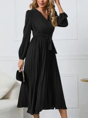 Kadın Uzun Kollu Kruvaze Yaka Belinde Toka Detaylı Pileli Uzun Ithal Krep Elbise