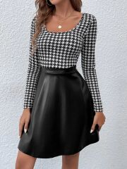Kadın Uzun Kollu Kare Yakalı üst şardonlu Dalgıç Alt Deri Kısa Elbise