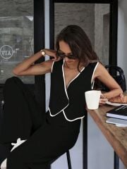 Kadın Kolsuz V Yakalı Düğmeli Ithal Krep Yelek Ve Pantolon Ikili Takım